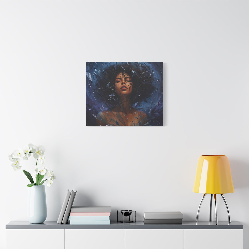 Portrait Canvas Print – Shattered Moonlight: Afro-Hispanic Woman in Indigo, Matte Stretched Wall Art
