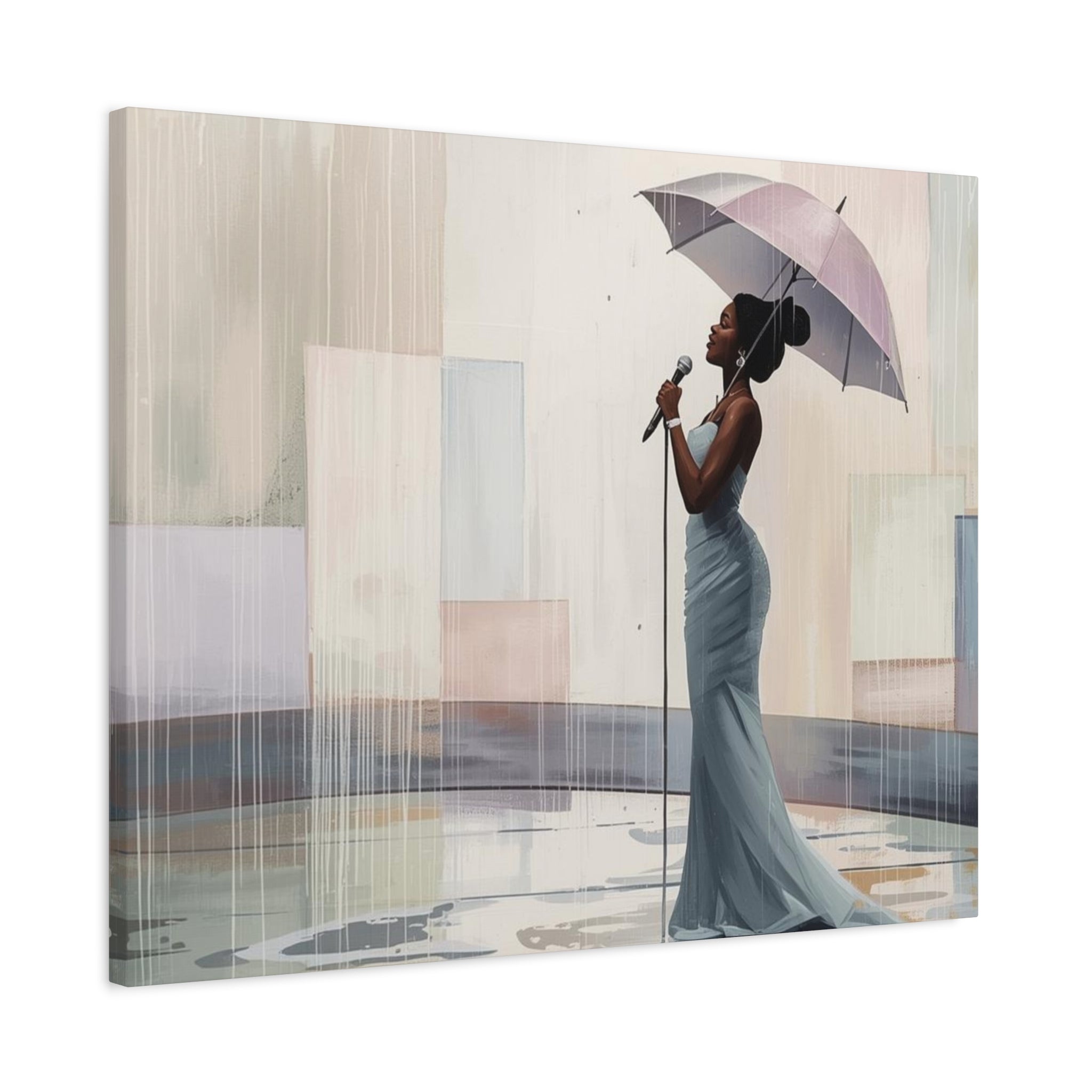 Canvas Print – Soulful Elegance: Singer in Rain with Umbrella, Matte Stretched Wall Art