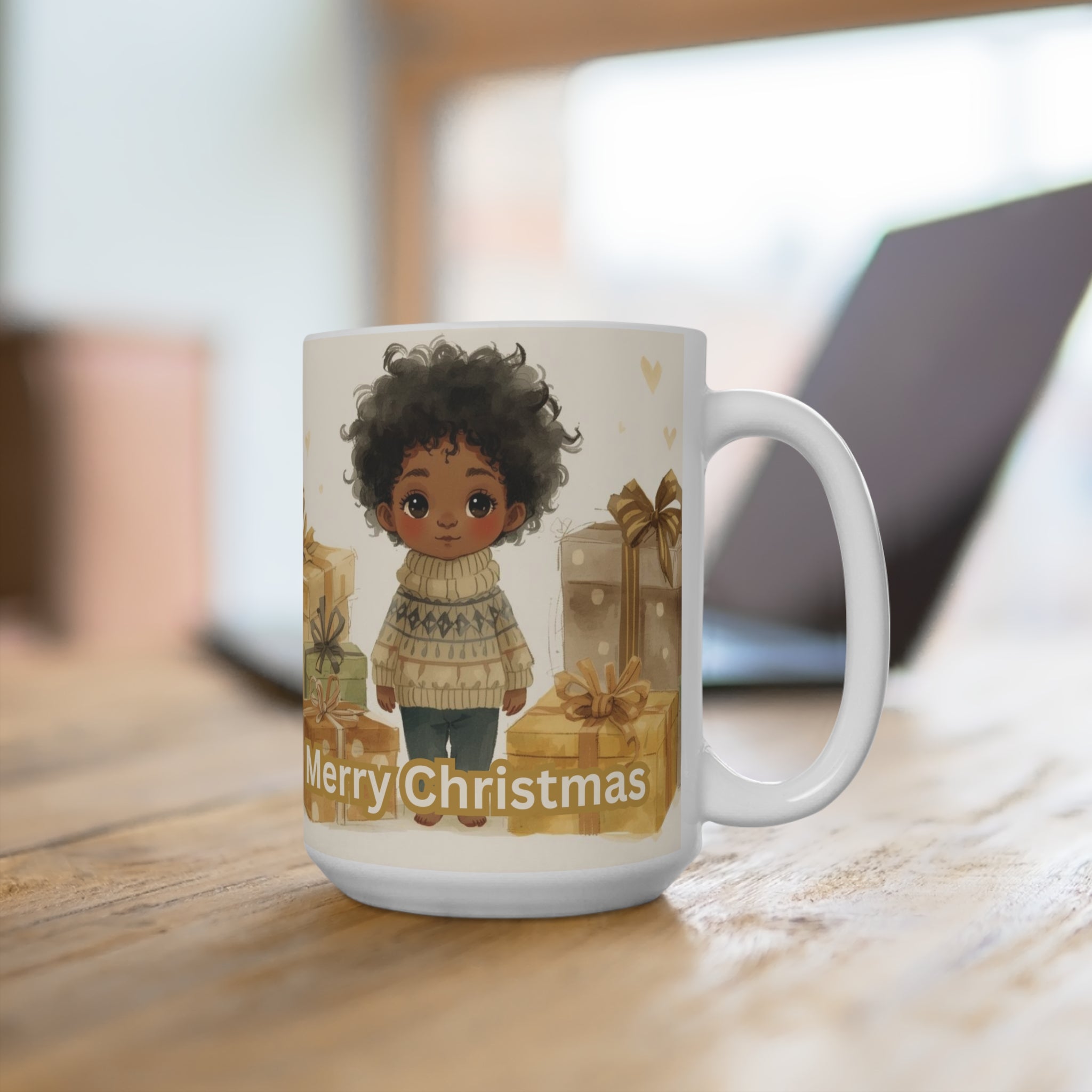 Mug — Merry Christmas Cute Boy with Gifts Holiday Coffee Mug (15oz)