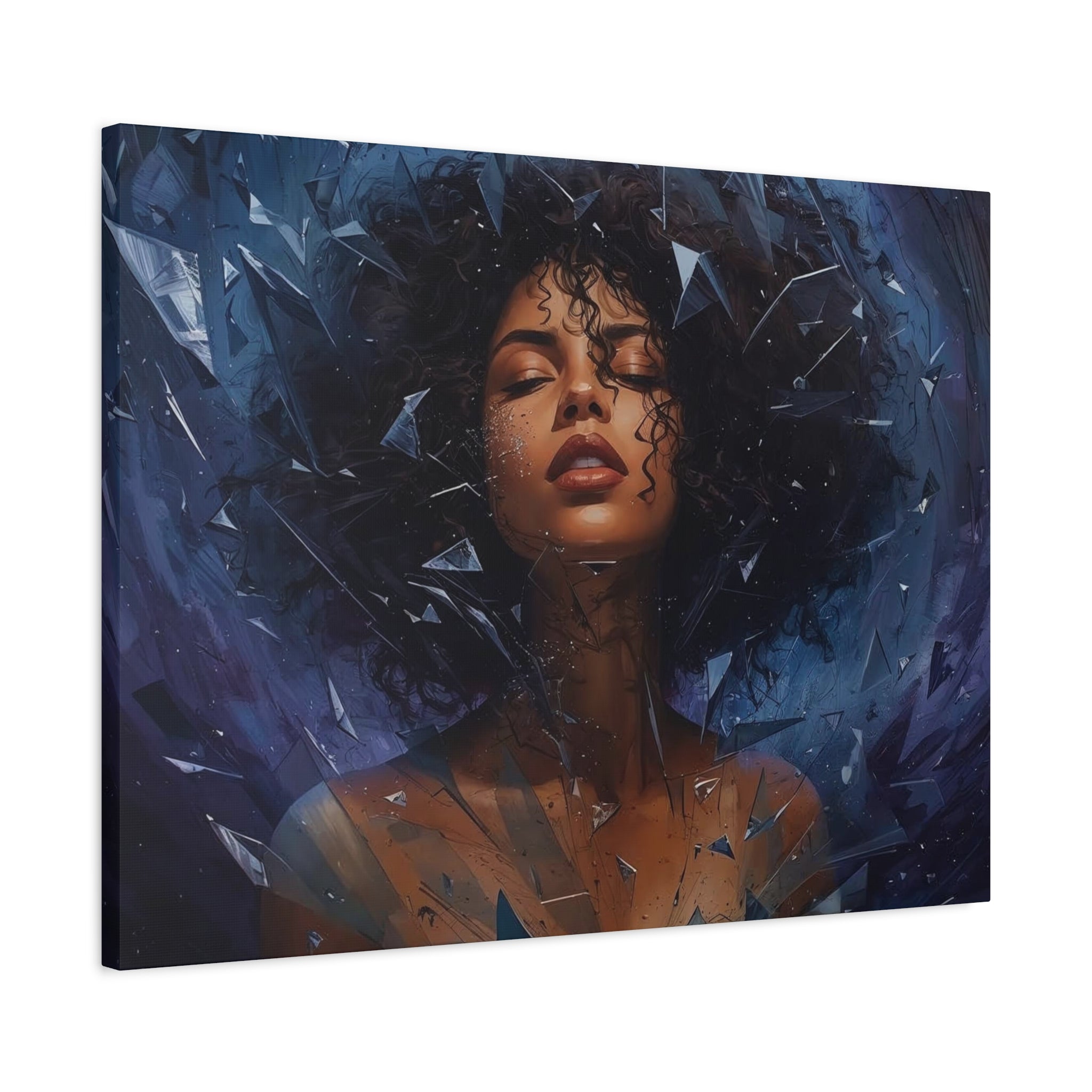 Portrait Canvas Print – Shattered Moonlight: Afro-Hispanic Woman in Indigo, Matte Stretched Wall Art