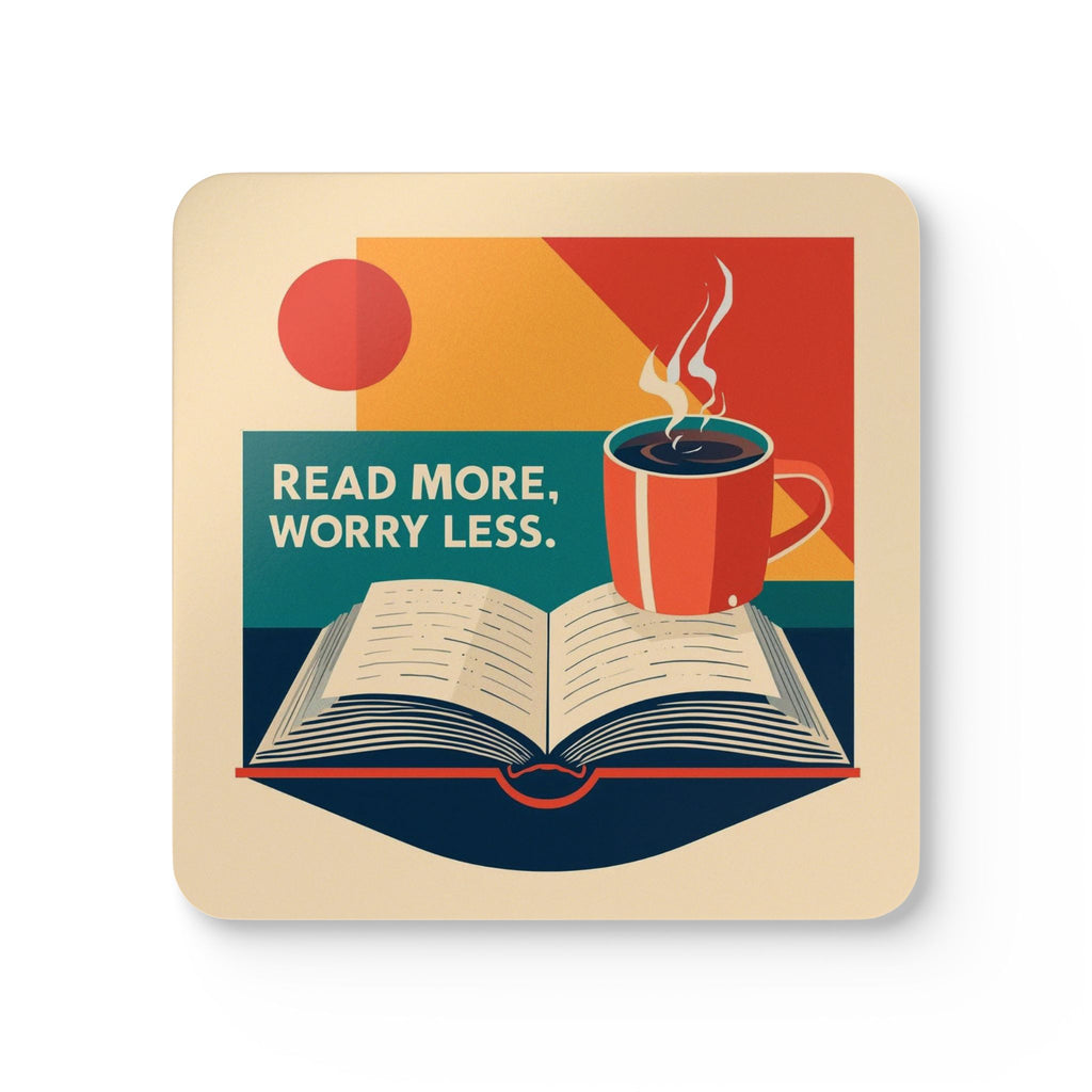 Coaster Set — "Read More, Worry Less" Retro Book & Coffee Cork Coasters