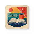 Coaster Set — "Read More, Worry Less" Retro Book & Coffee Cork Coasters