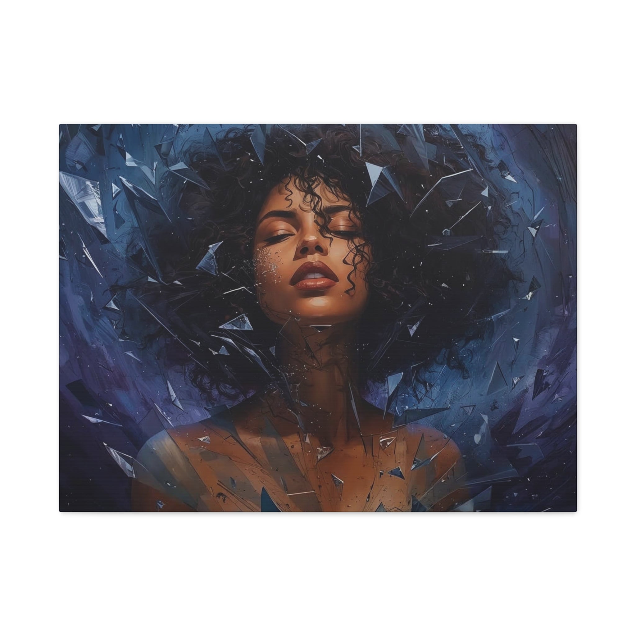 Portrait Canvas Print – Shattered Moonlight: Afro-Hispanic Woman in Indigo, Matte Stretched Wall Art