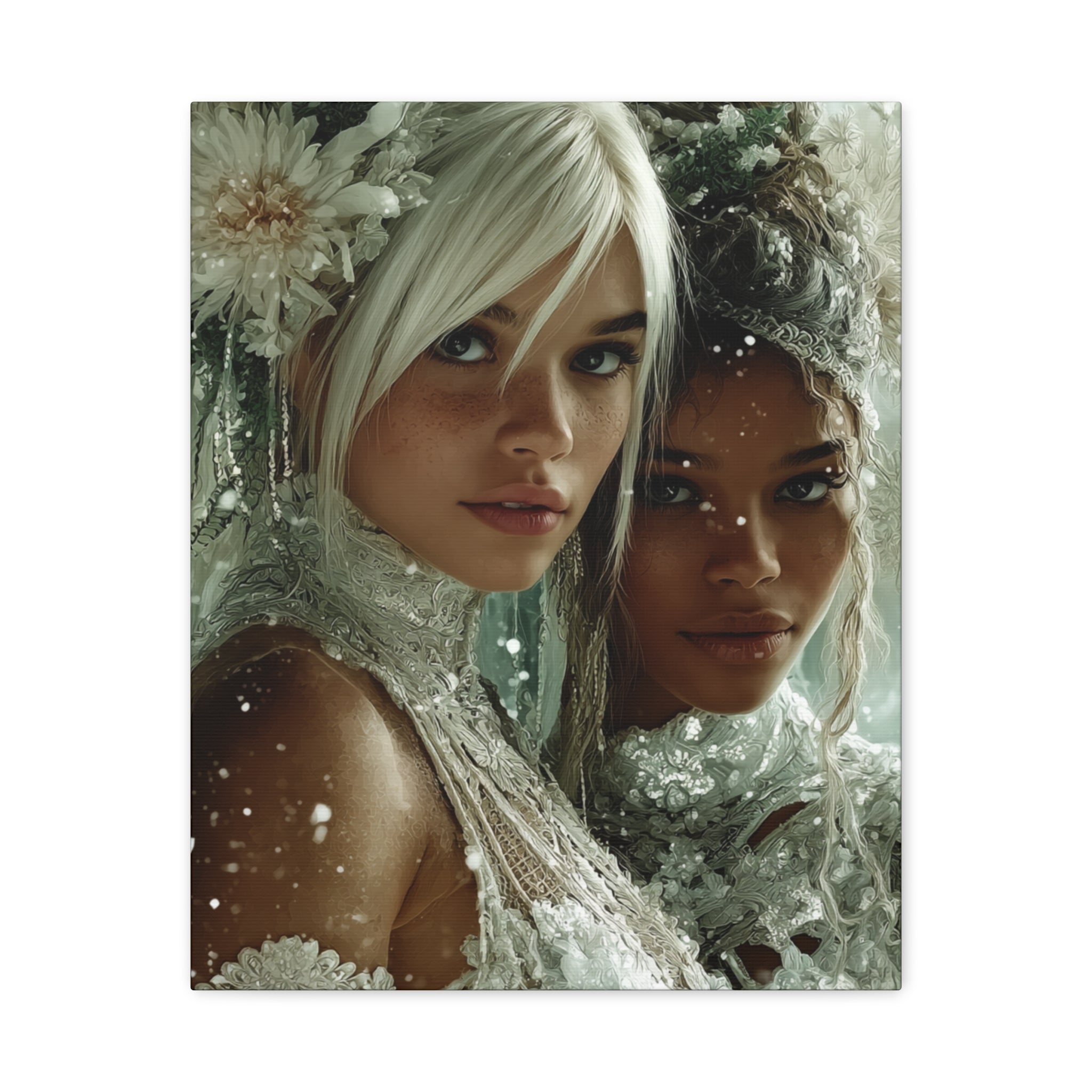 Winter Bloom: Dual Divinity Matte Canvas Print — Ethereal Portrait Wall Art
