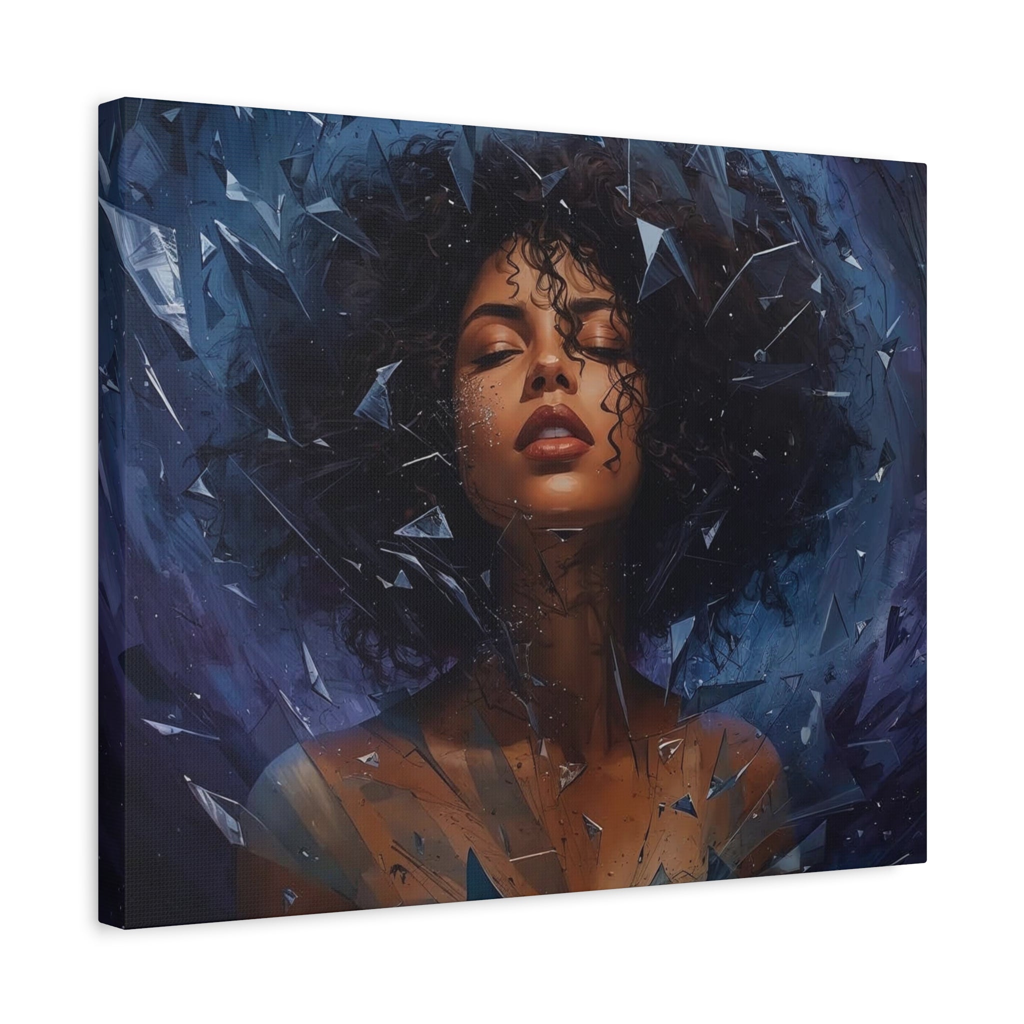 Portrait Canvas Print – Shattered Moonlight: Afro-Hispanic Woman in Indigo, Matte Stretched Wall Art