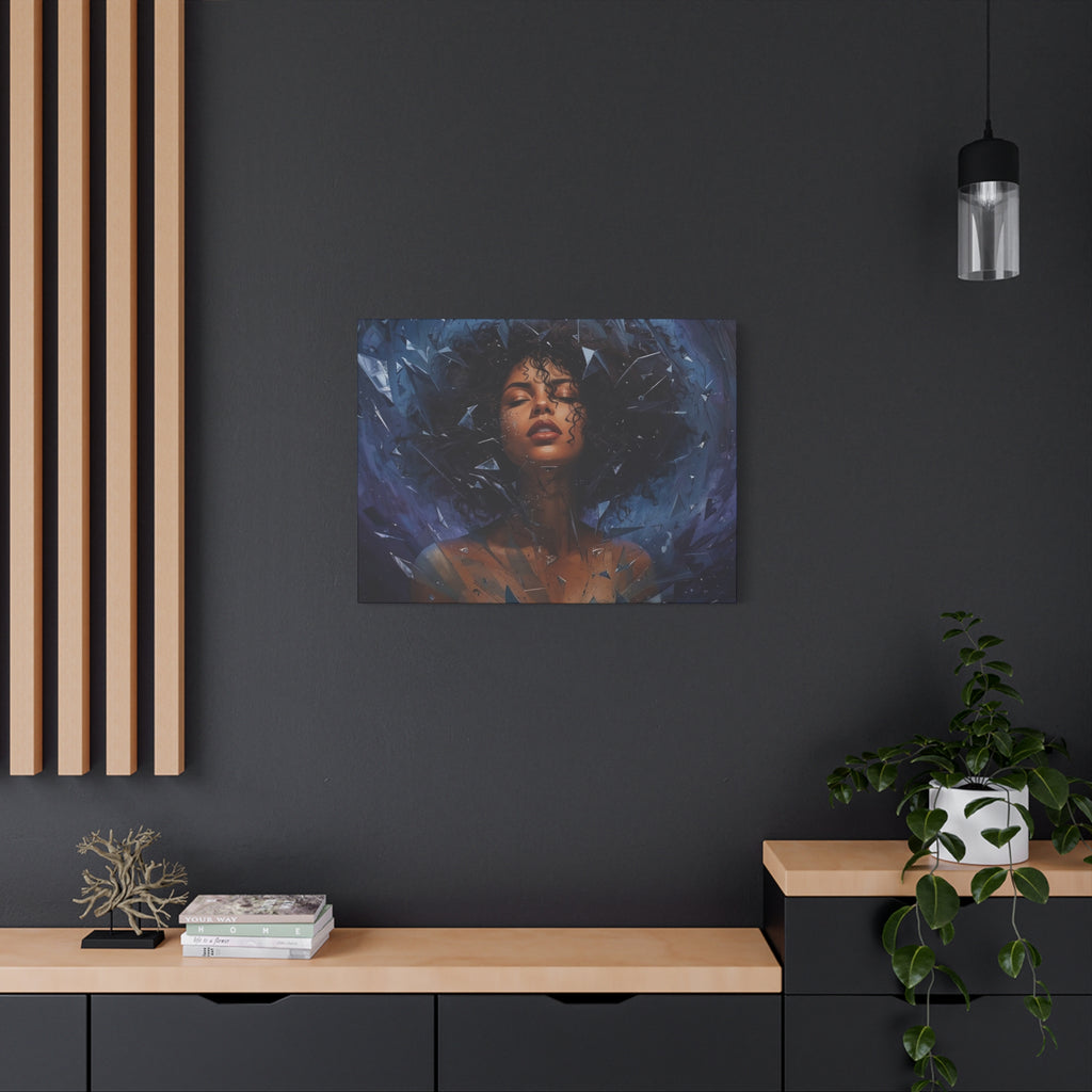 Portrait Canvas Print – Shattered Moonlight: Afro-Hispanic Woman in Indigo, Matte Stretched Wall Art