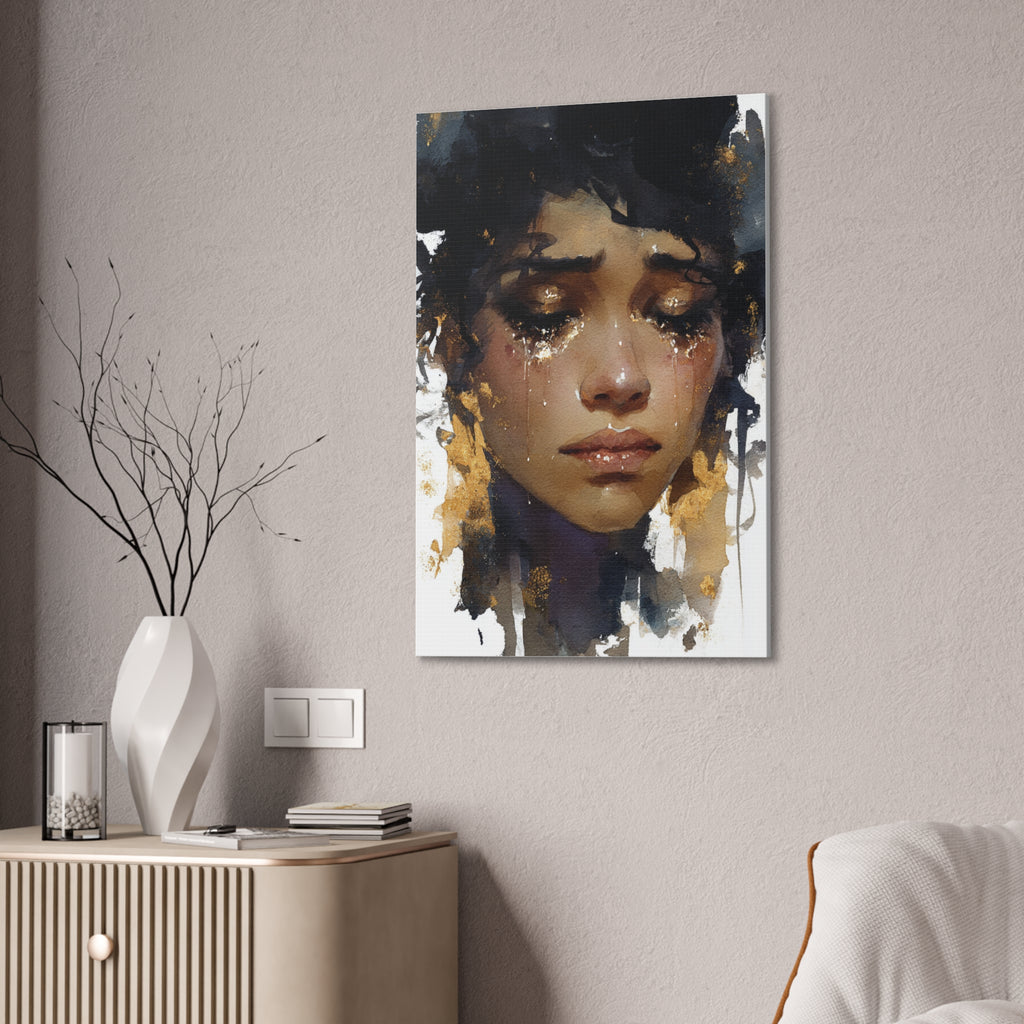 Weight of Her Tears | Emotional Watercolor Portrait Canvas