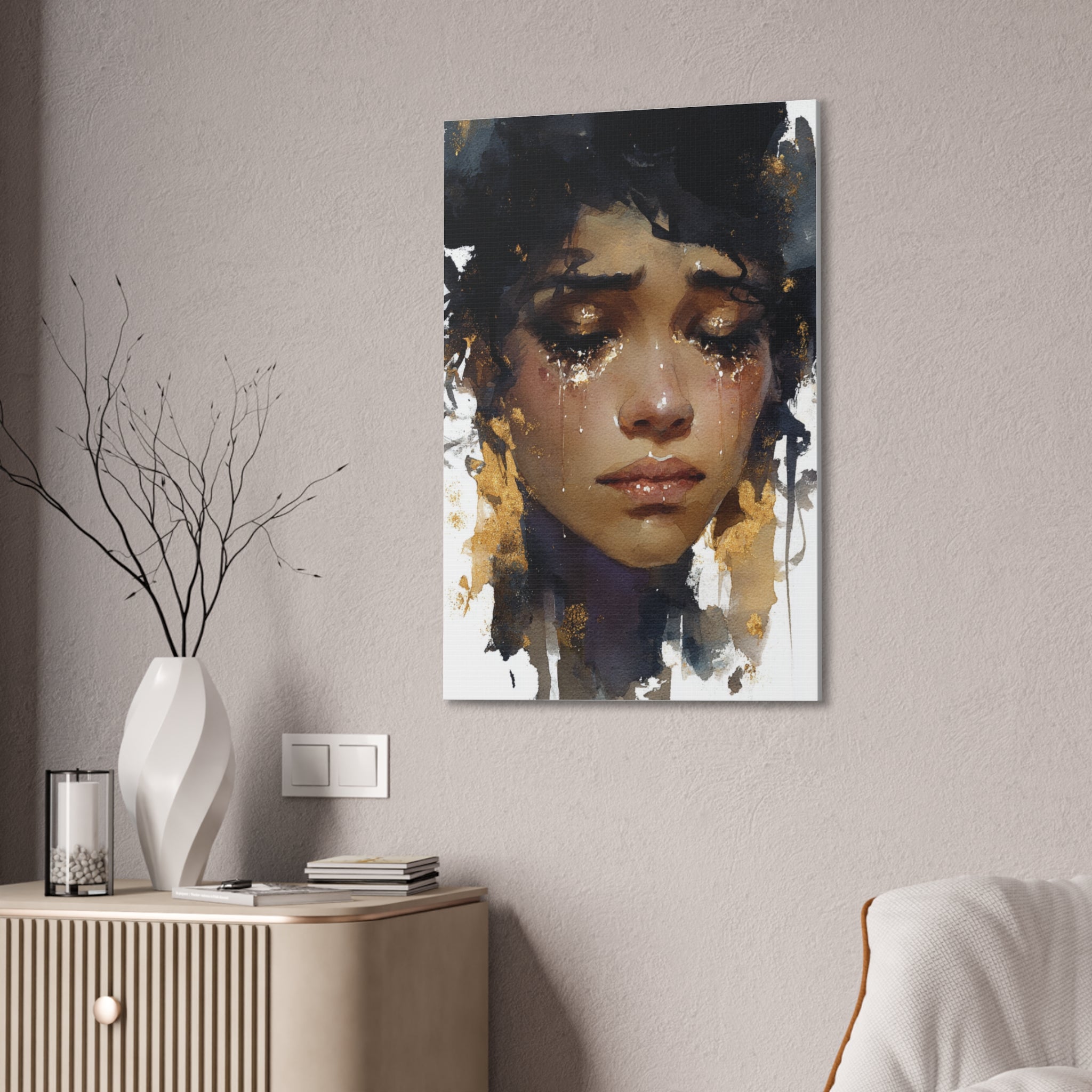Weight of Her Tears | Emotional Watercolor Portrait Canvas
