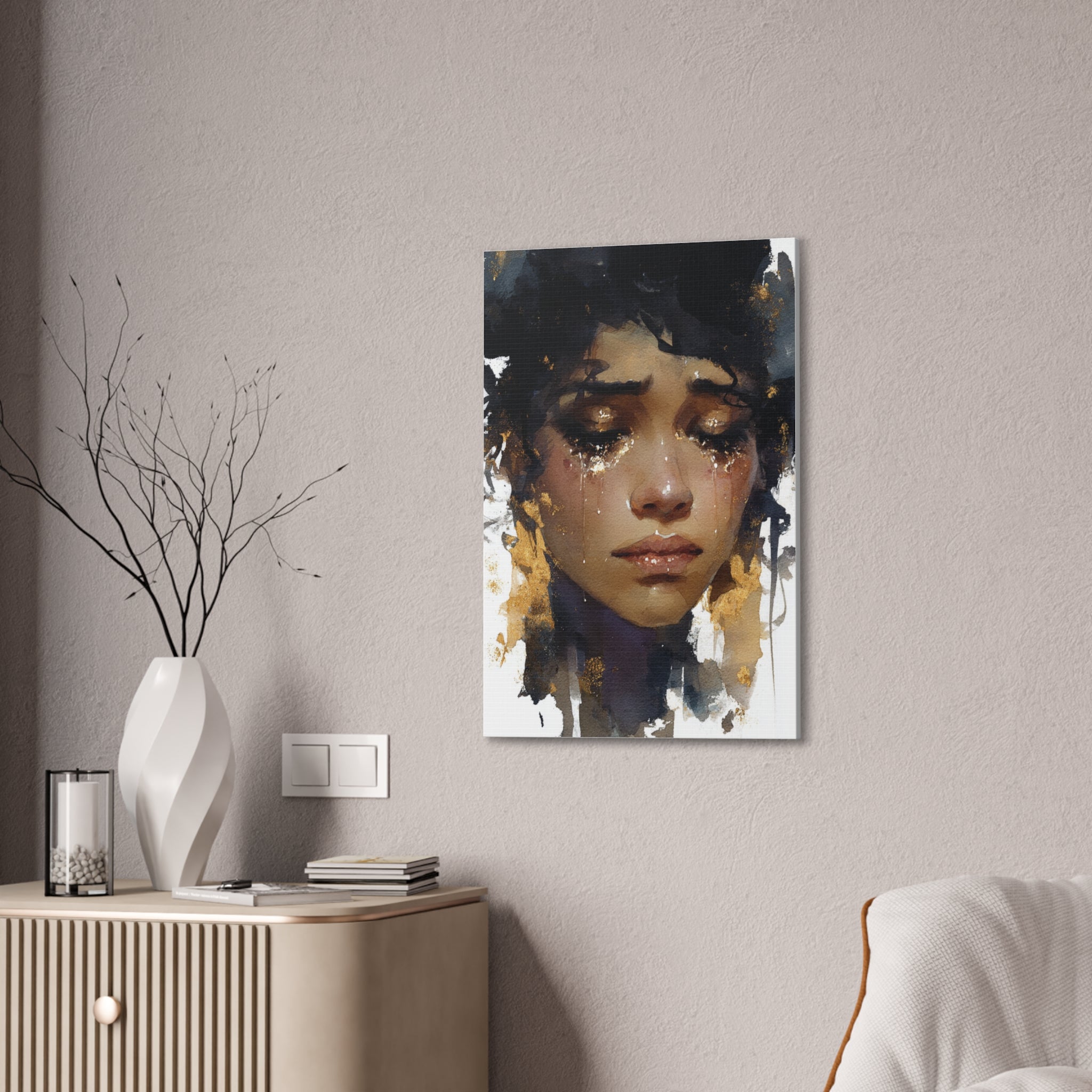 Weight of Her Tears | Emotional Watercolor Portrait Canvas