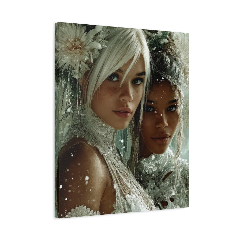 Winter Bloom: Dual Divinity Matte Canvas Print — Ethereal Portrait Wall Art