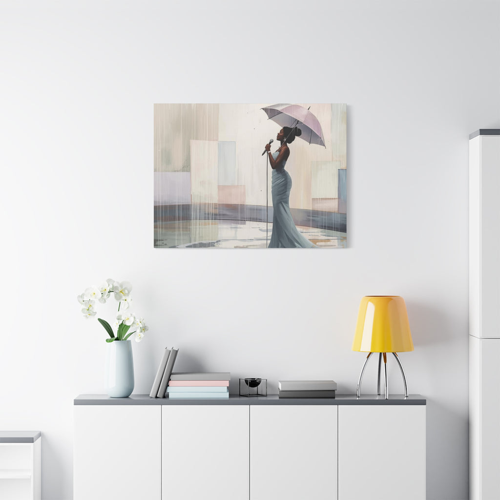 Canvas Print – Soulful Elegance: Singer in Rain with Umbrella, Matte Stretched Wall Art