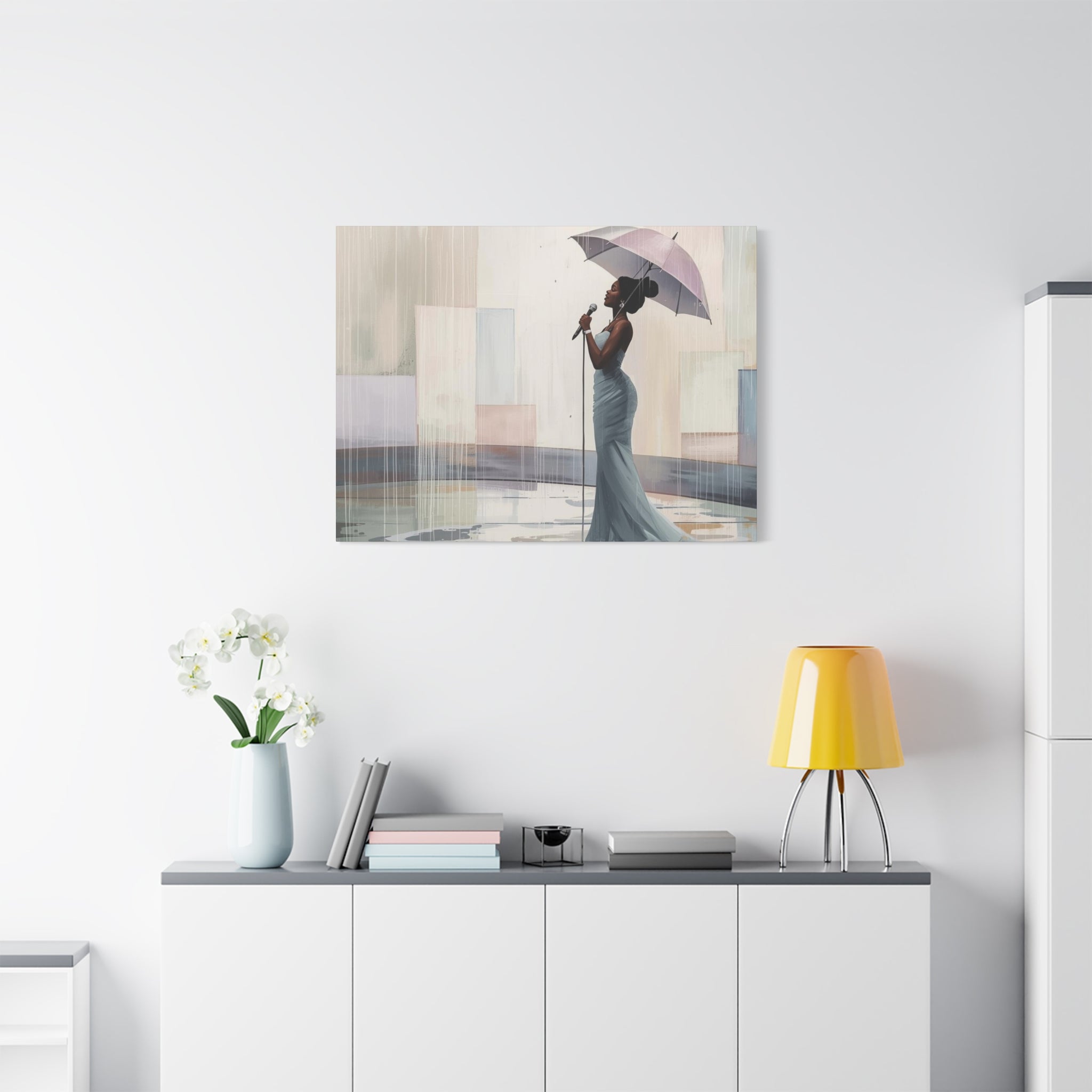 Canvas Print – Soulful Elegance: Singer in Rain with Umbrella, Matte Stretched Wall Art