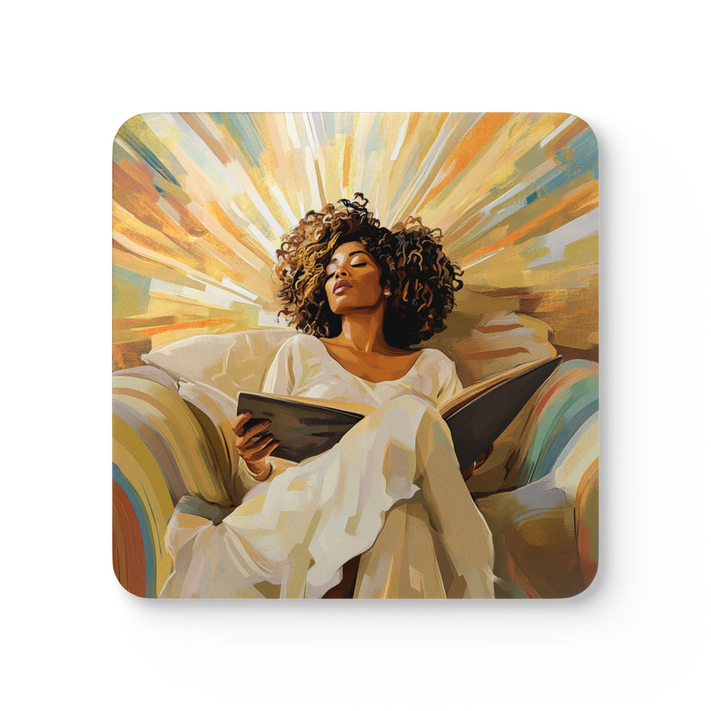 Cork Coaster Set — Sunlit Reading Woman Art Coasters (Set of 4)