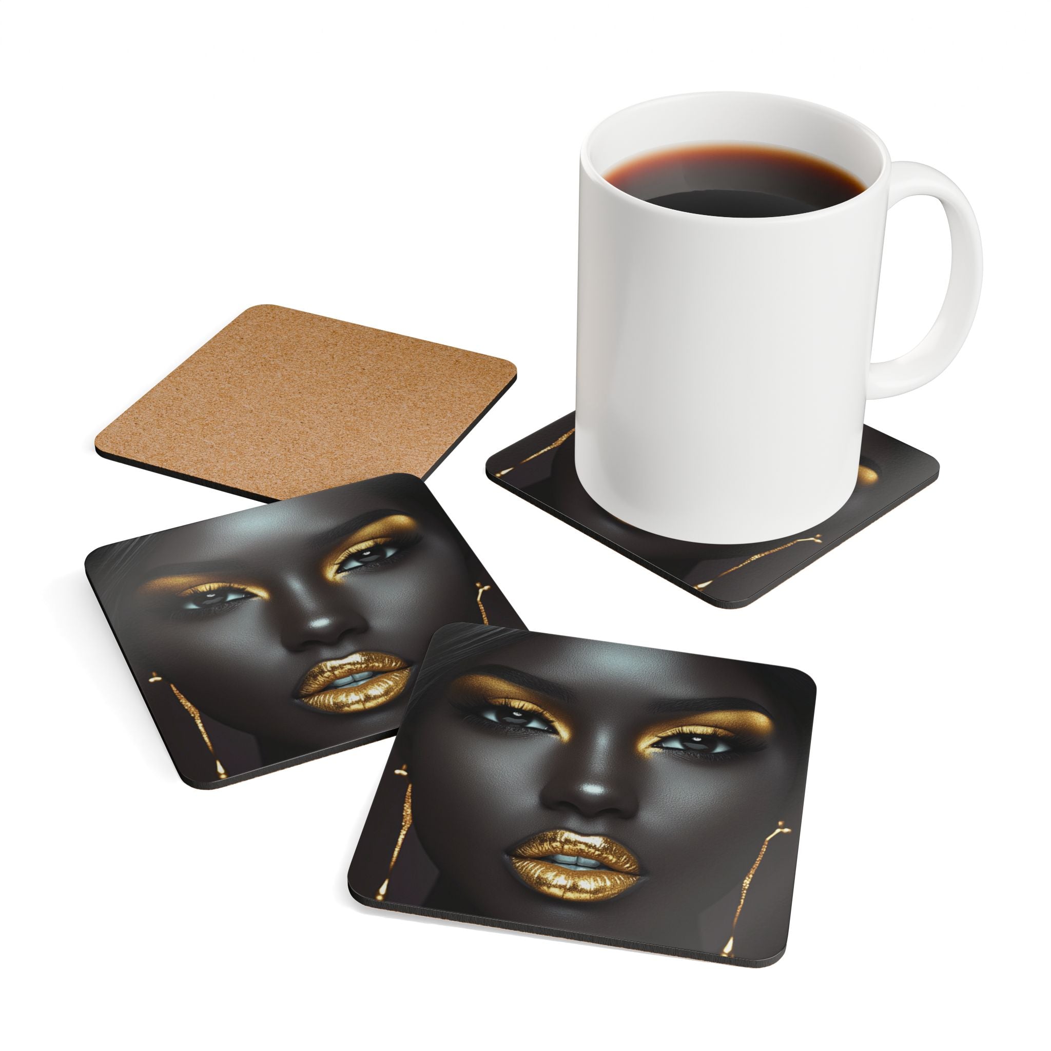 Gold Glam Portrait Cork Coaster Set — Luxe Black & Gold Drink Coasters