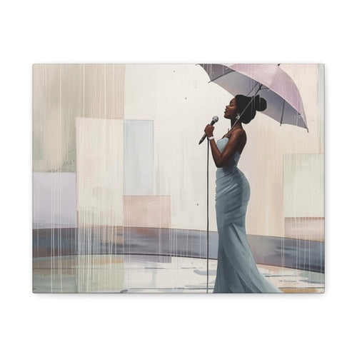 Canvas Print – Soulful Elegance: Singer in Rain with Umbrella, Matte Stretched Wall Art