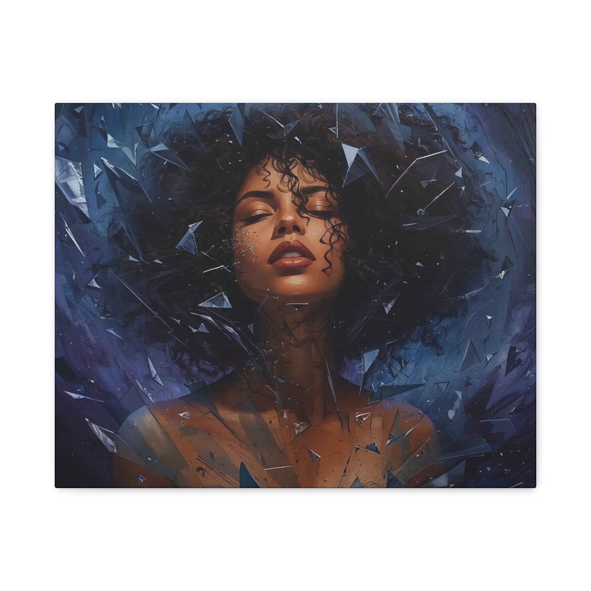 Portrait Canvas Print – Shattered Moonlight: Afro-Hispanic Woman in Indigo, Matte Stretched Wall Art