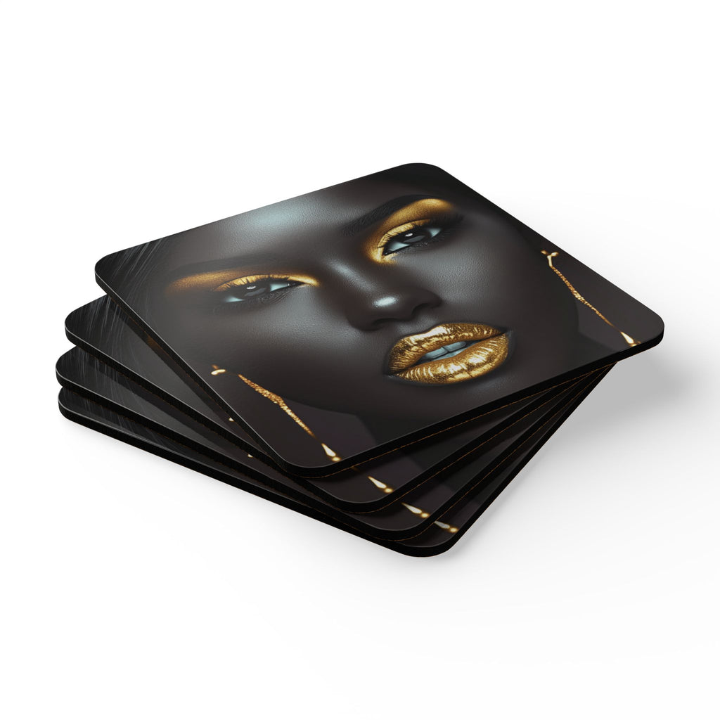Gold Glam Portrait Cork Coaster Set — Luxe Black & Gold Drink Coasters