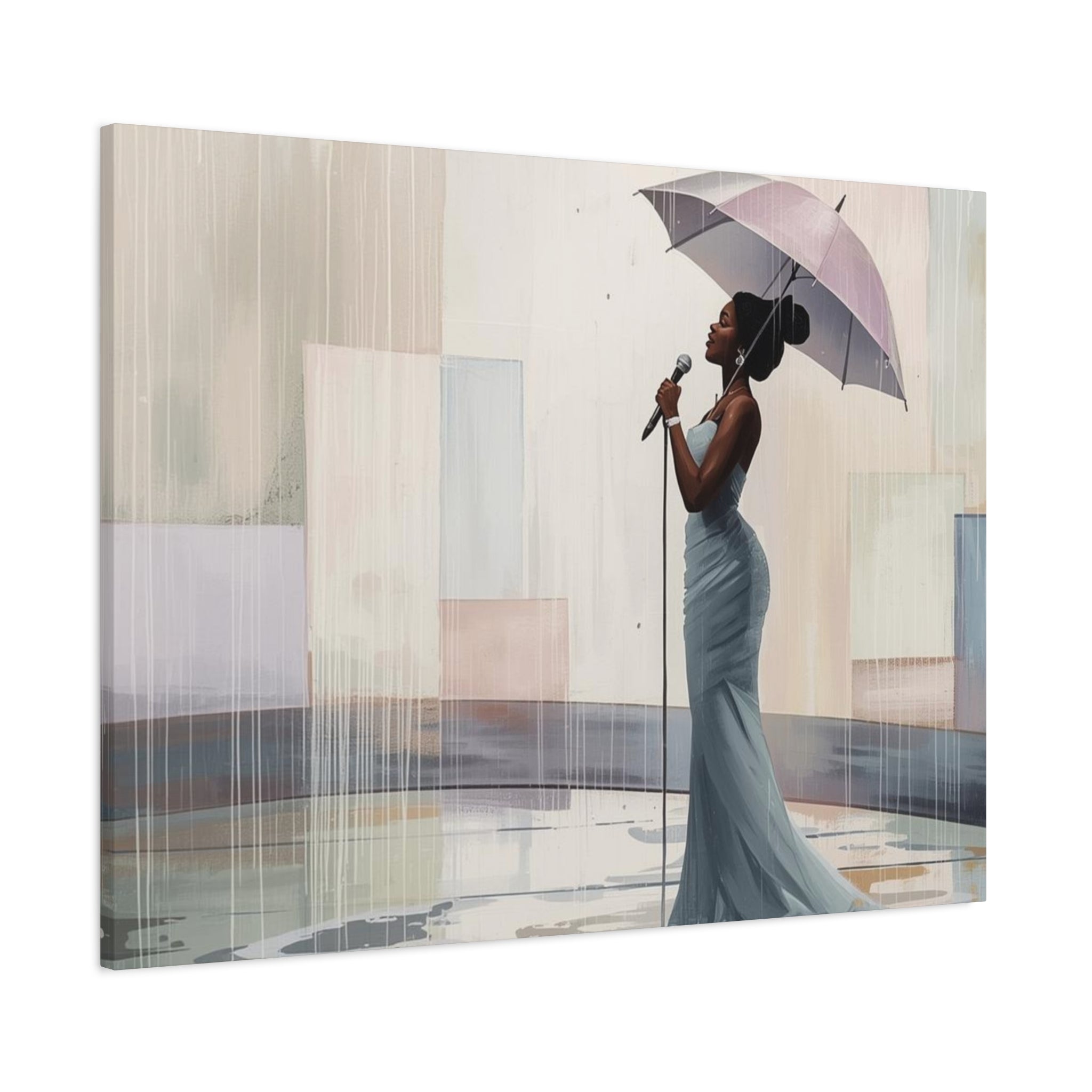 Canvas Print – Soulful Elegance: Singer in Rain with Umbrella, Matte Stretched Wall Art