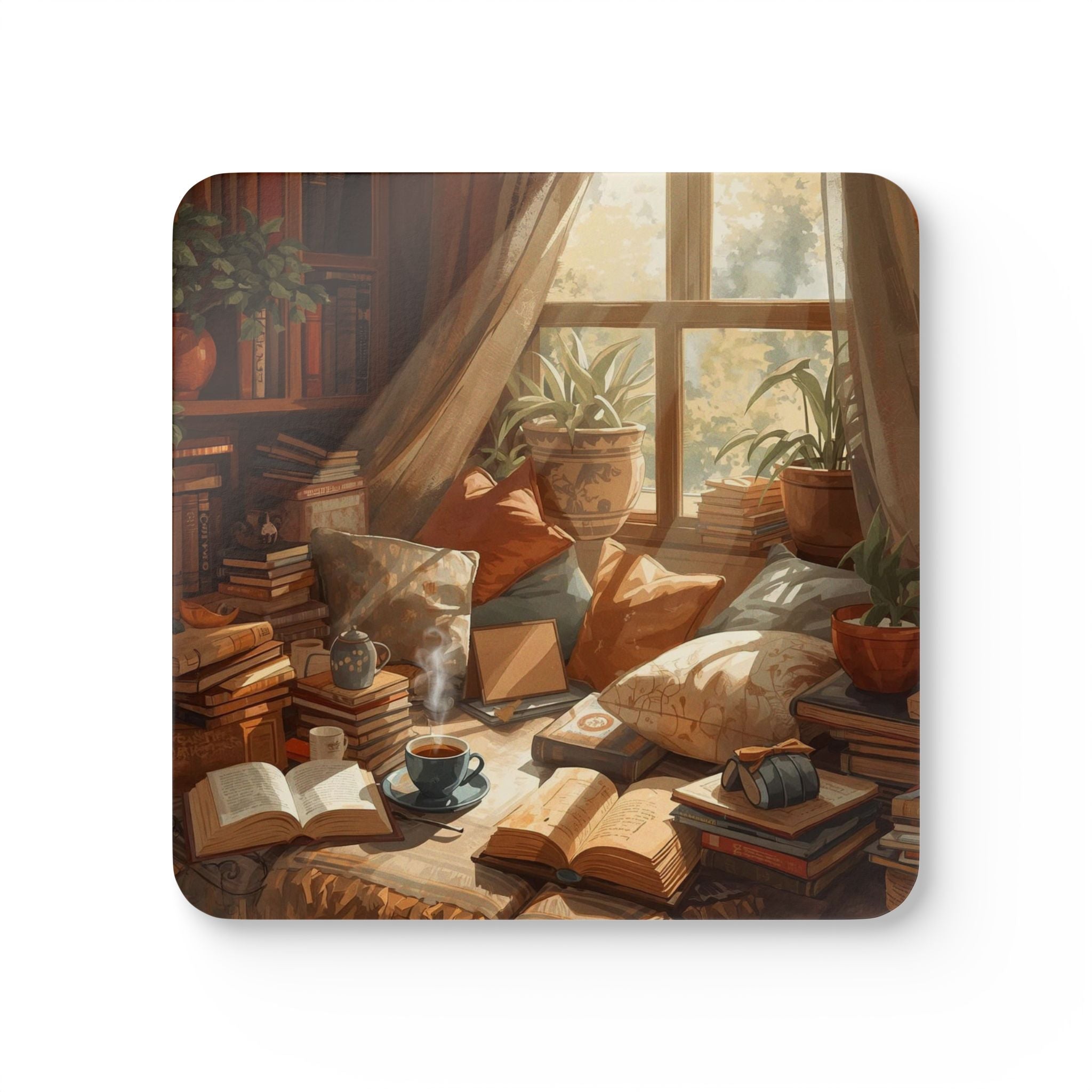 Cozy Reading Nook Cork Coaster Set — Vintage Books & Sunlit Window Art
