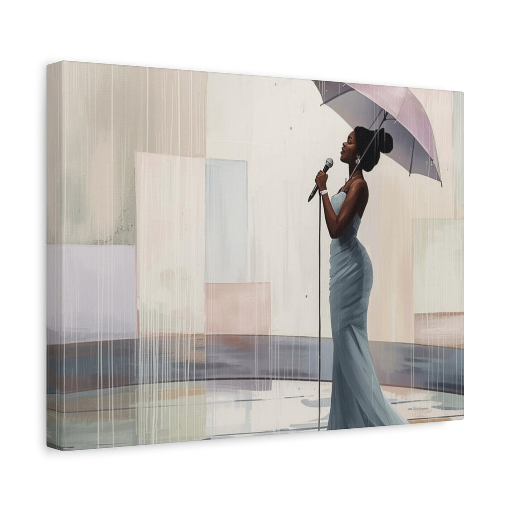Canvas Print – Soulful Elegance: Singer in Rain with Umbrella, Matte Stretched Wall Art