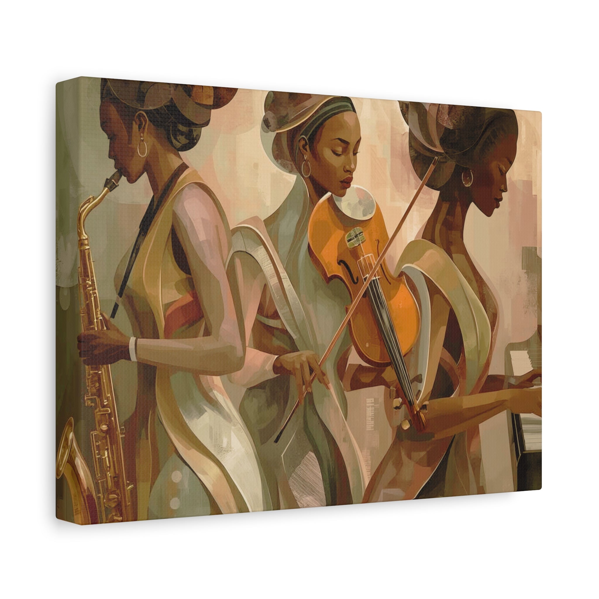 Jazz Trio Canvas Wall Art — Elegant Female Musicians Sax Violin Piano Matte Stretched Print