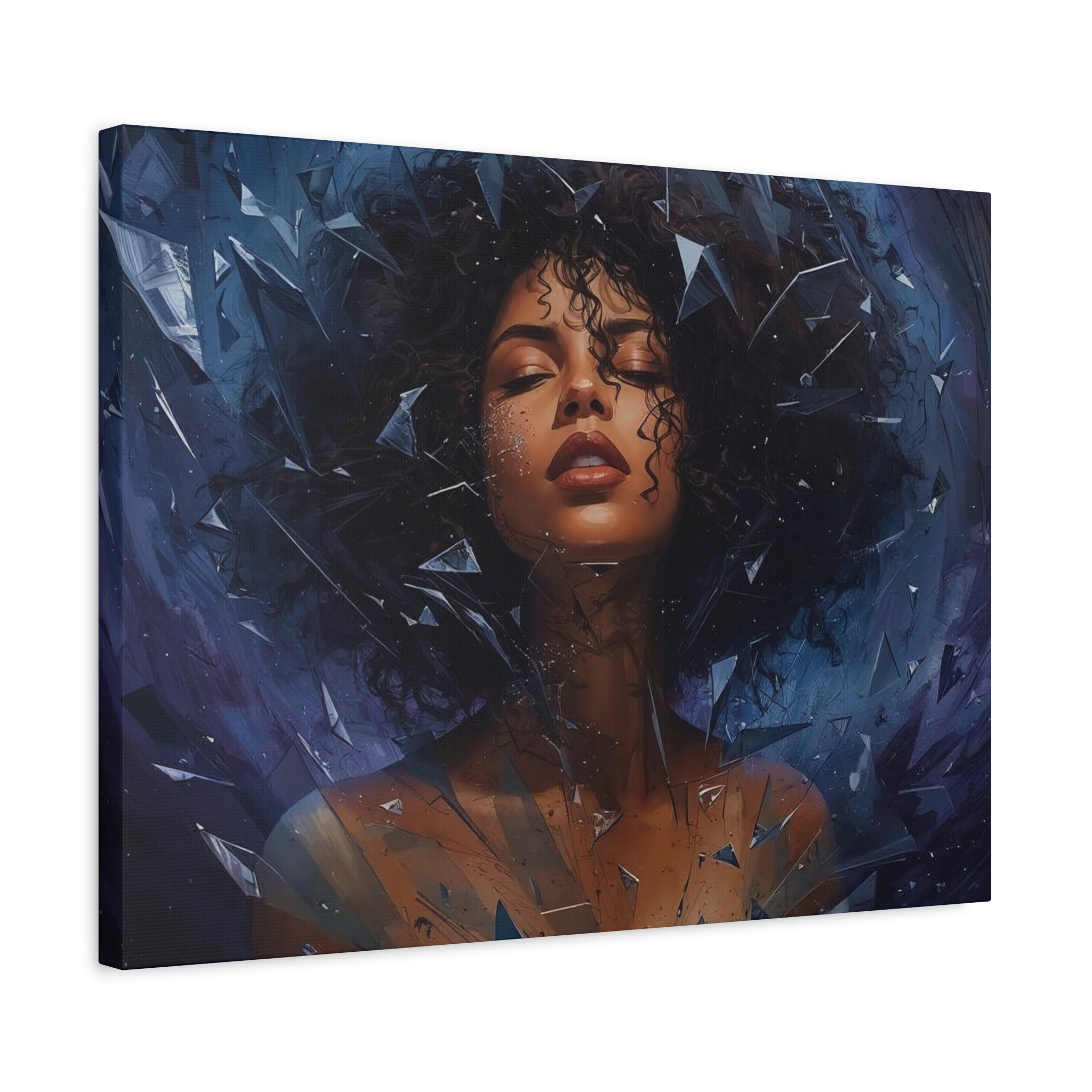 Portrait Canvas Print – Shattered Moonlight: Afro-Hispanic Woman in Indigo, Matte Stretched Wall Art