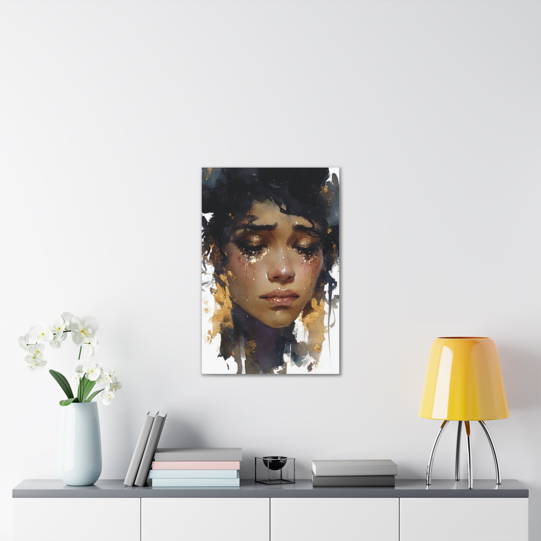 Weight of Her Tears | Emotional Watercolor Portrait Canvas
