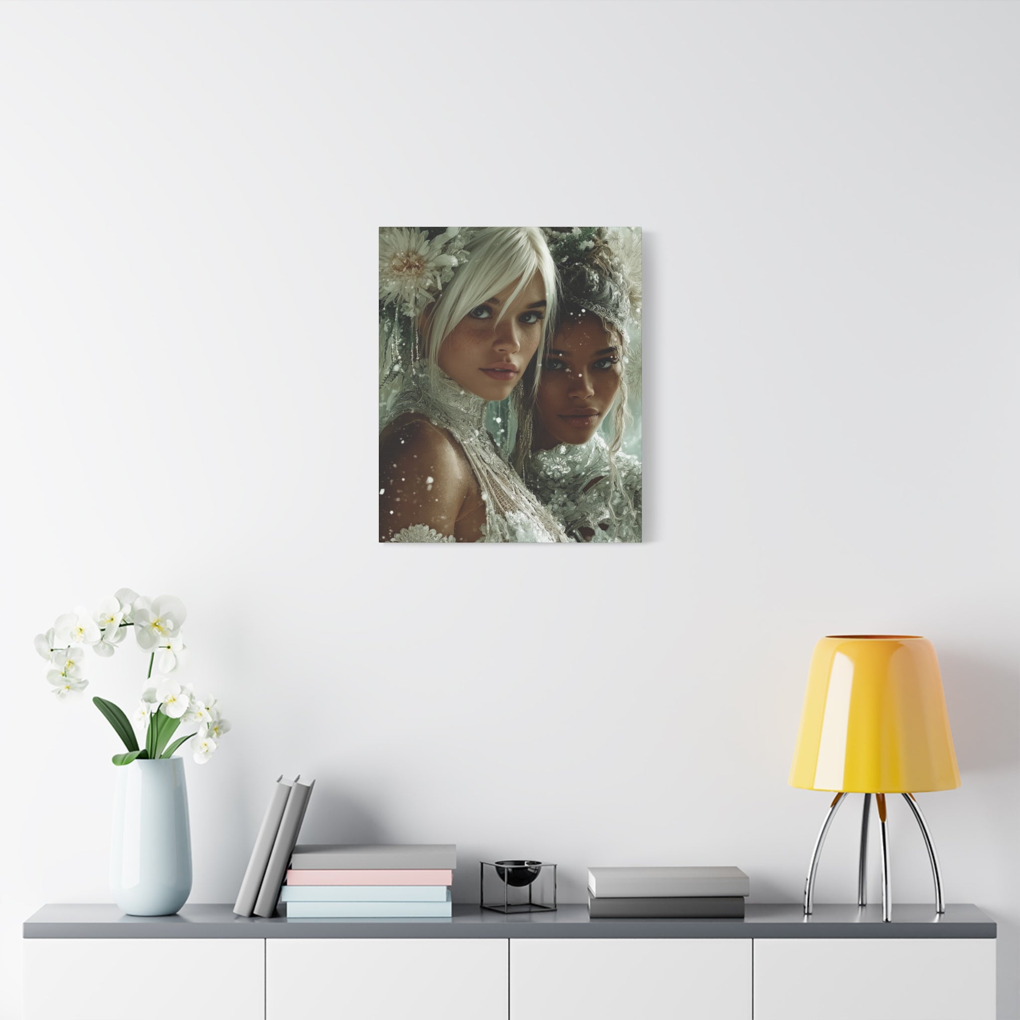Winter Bloom: Dual Divinity Matte Canvas Print — Ethereal Portrait Wall Art