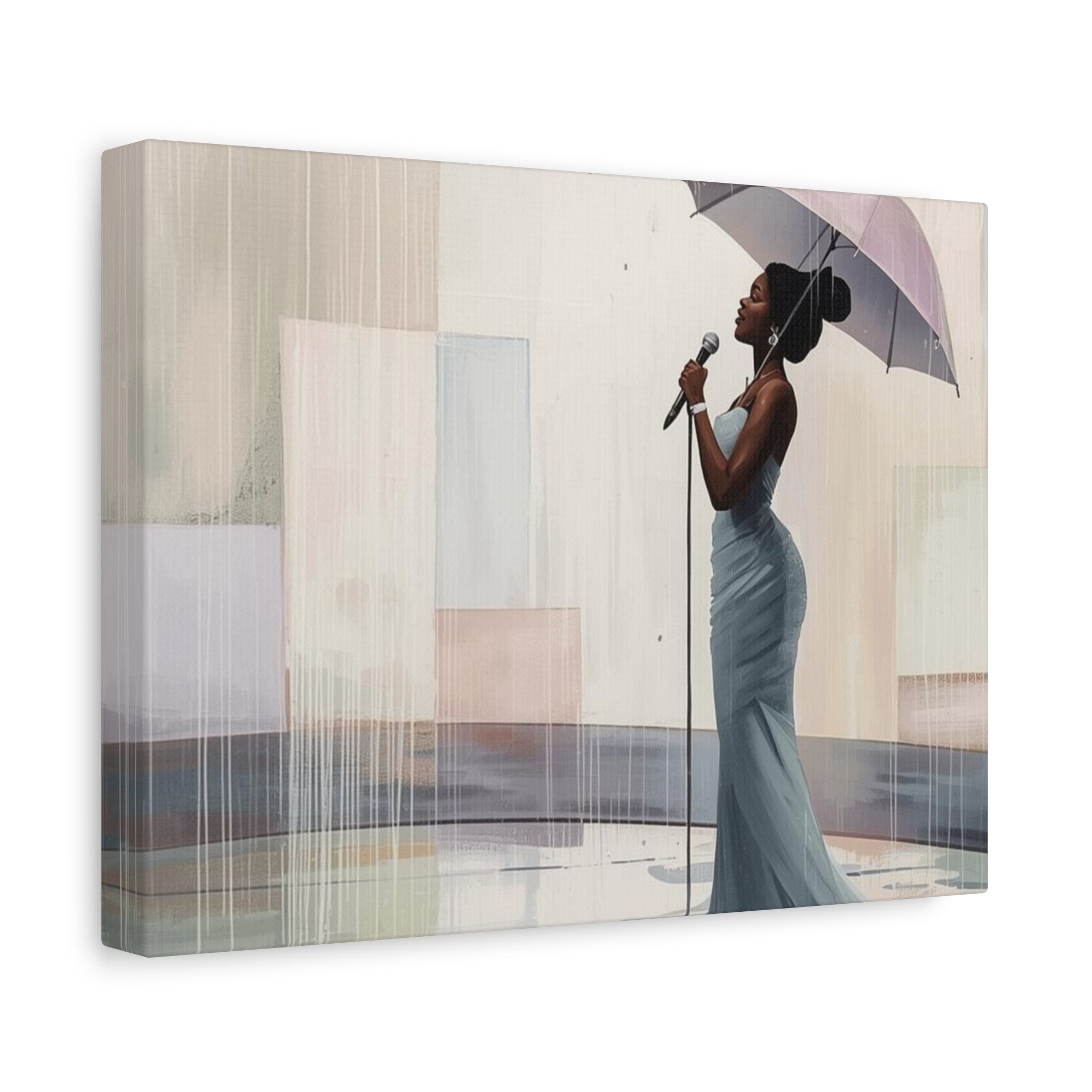 Canvas Print – Soulful Elegance: Singer in Rain with Umbrella, Matte Stretched Wall Art