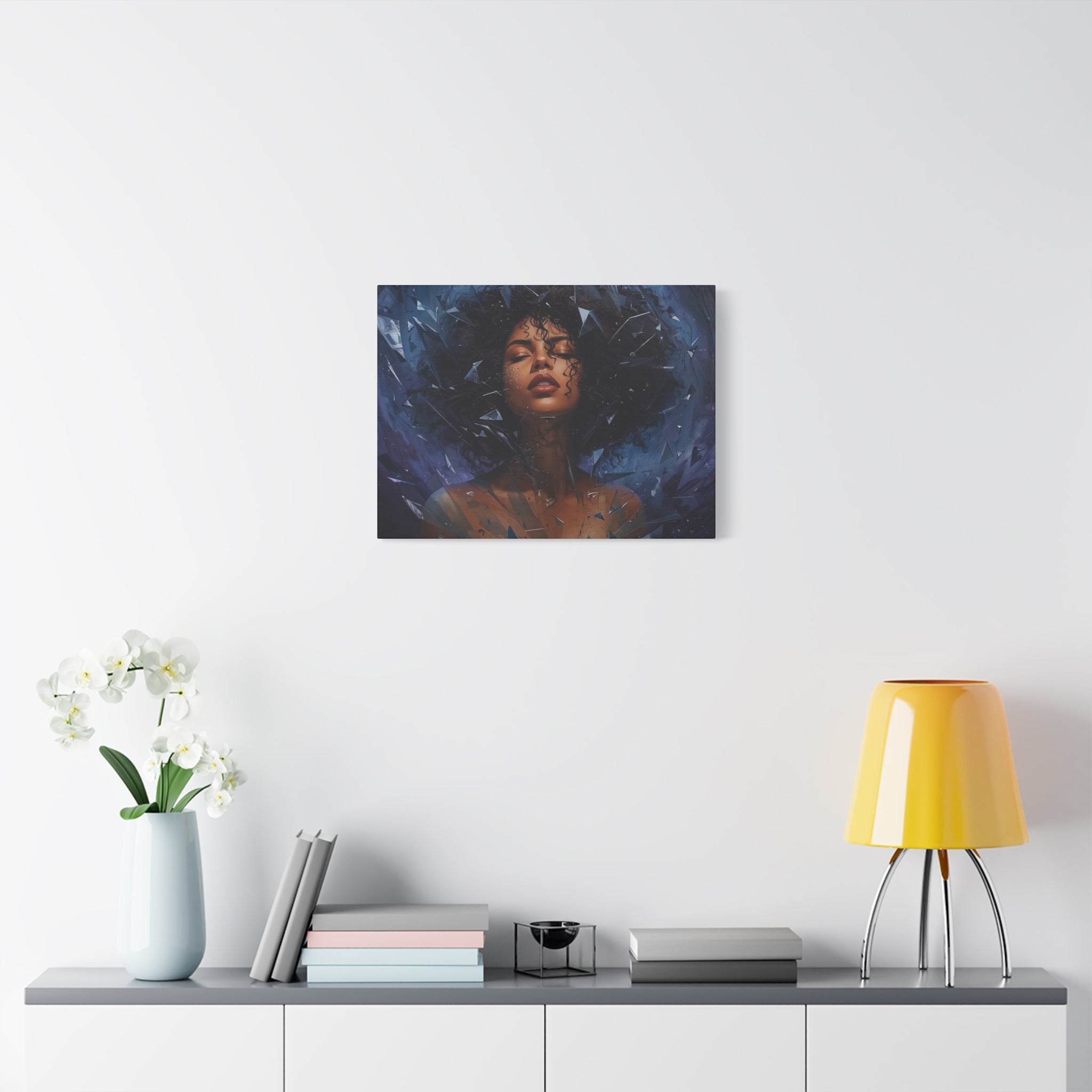 Portrait Canvas Print – Shattered Moonlight: Afro-Hispanic Woman in Indigo, Matte Stretched Wall Art
