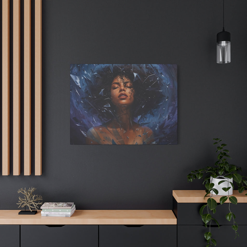 Portrait Canvas Print – Shattered Moonlight: Afro-Hispanic Woman in Indigo, Matte Stretched Wall Art