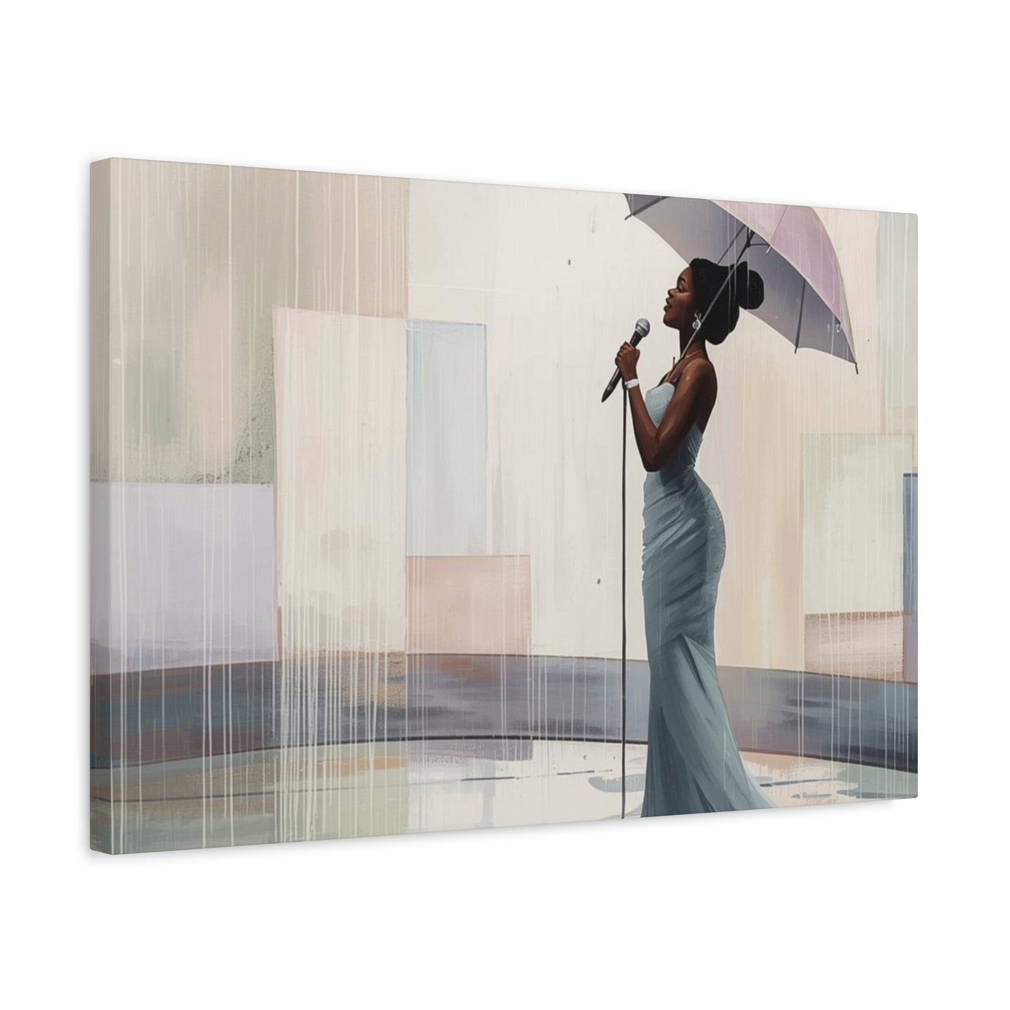 Canvas Print – Soulful Elegance: Singer in Rain with Umbrella, Matte Stretched Wall Art