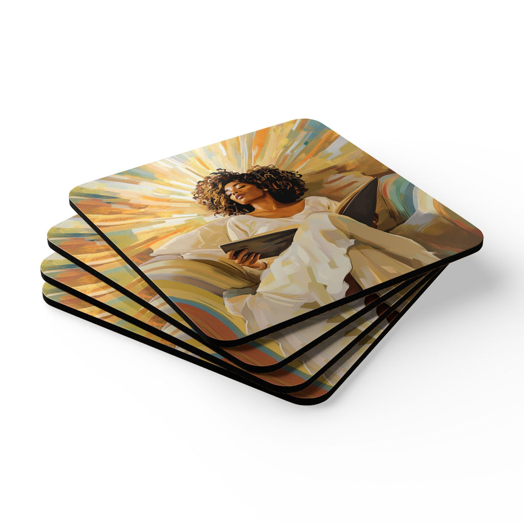 Cork Coaster Set — Sunlit Reading Woman Art Coasters (Set of 4)