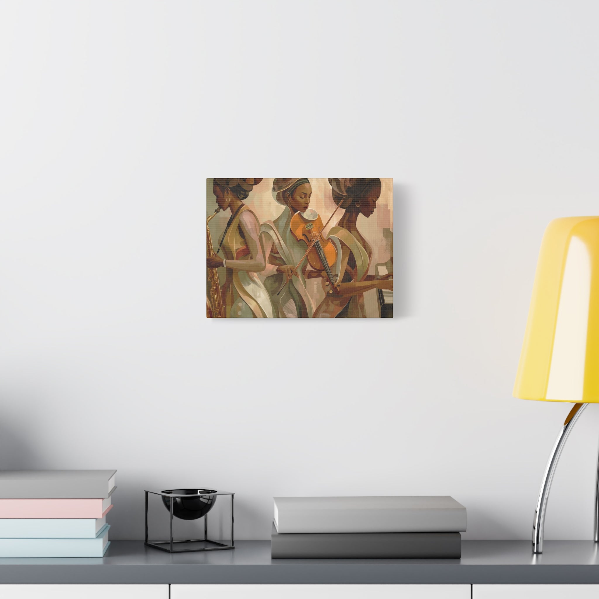 Jazz Trio Canvas Wall Art — Elegant Female Musicians Sax Violin Piano Matte Stretched Print